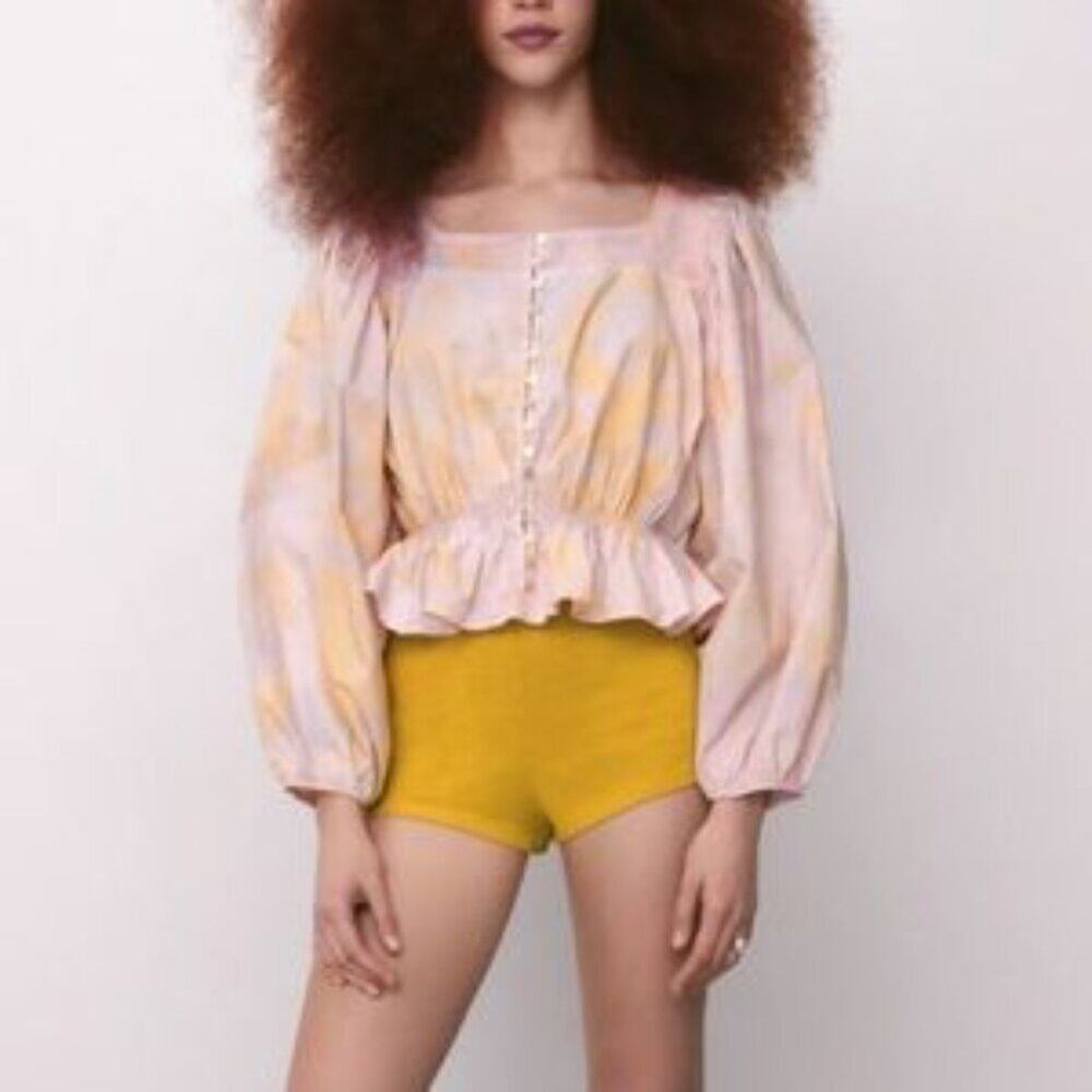 Zara Pink Tie Dye Puff Sleeve Button-Up Women's Blouse Crop Top Size Small